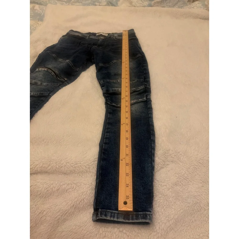 Retro skinny Zara Man Moto Biker Jeans Dark Wash Blue Ribbed Knee Zipper Size 32